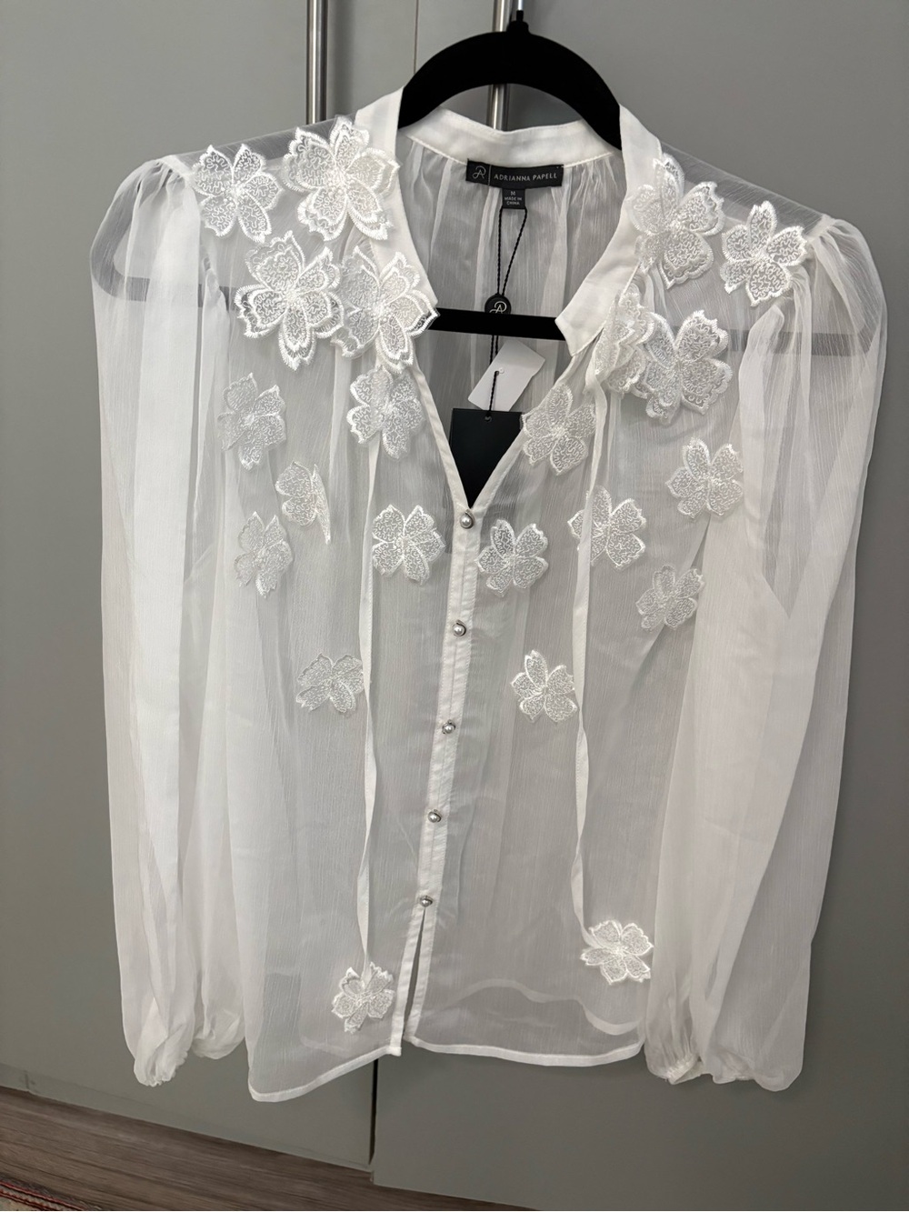Adrianna Papell White Floral Appliqué Sheer Blouse